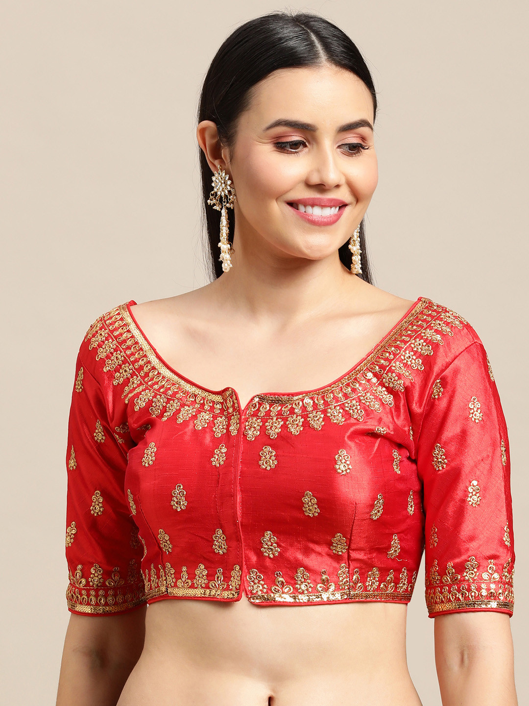 

Satrani Red Embroidered Silk Padded Saree Blouse