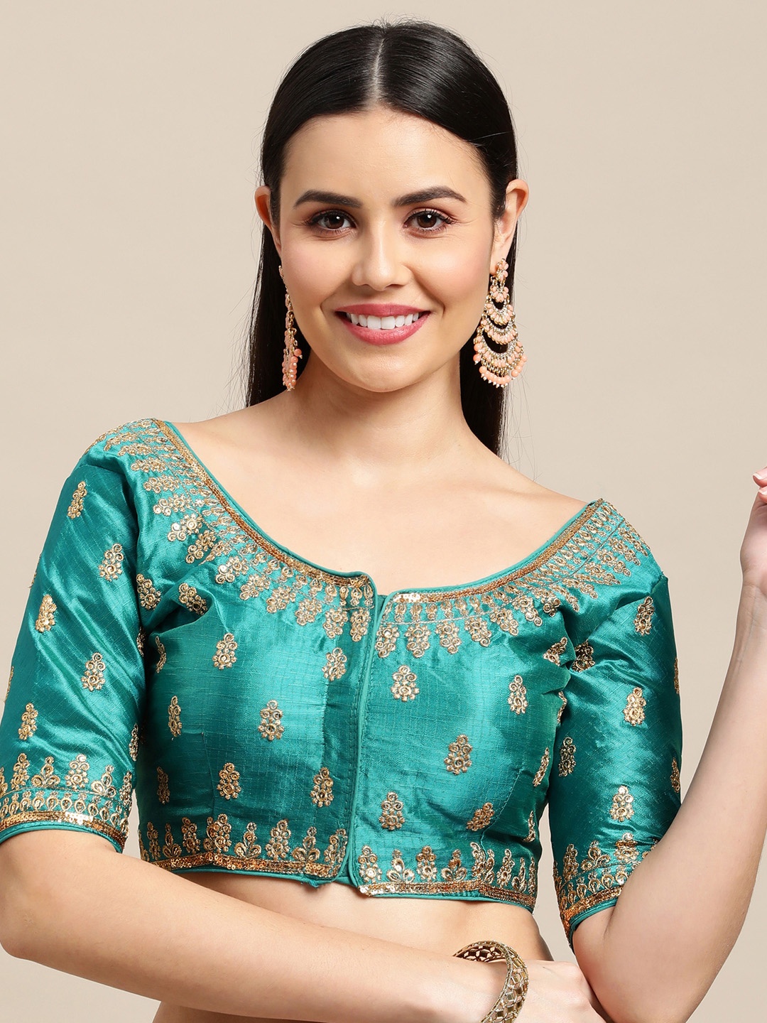 

Satrani Green Embroidered Silk Readymade Saree Blouse