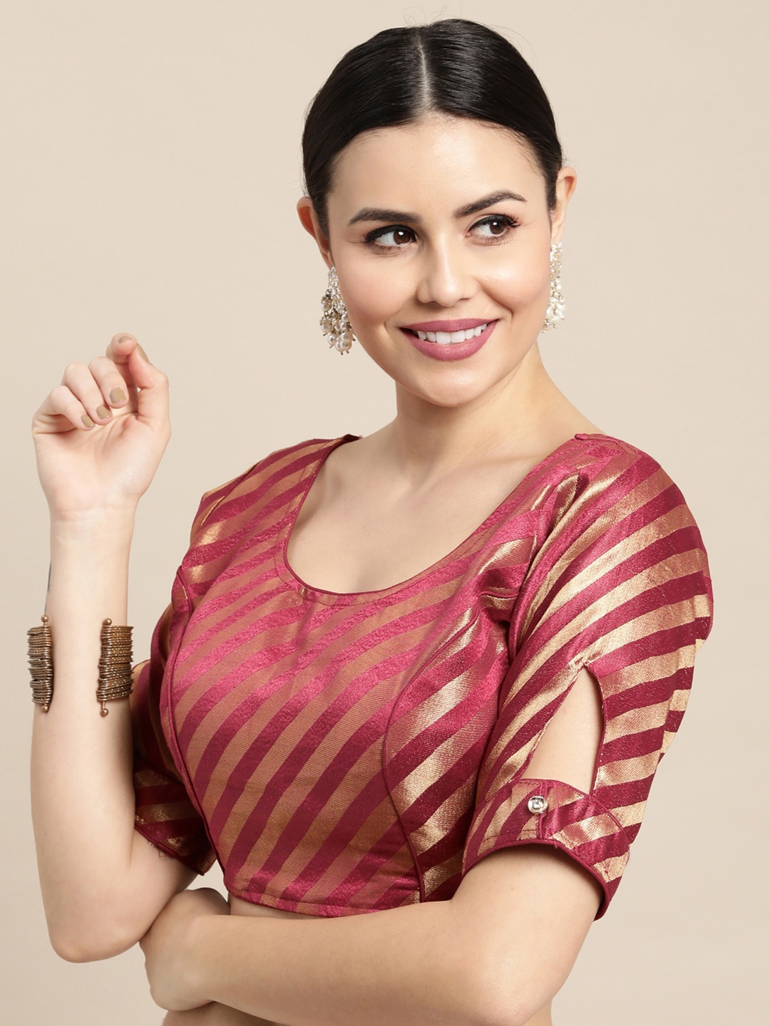 

Satrani Maroon Woven Design Brocade Work Saree Blouse