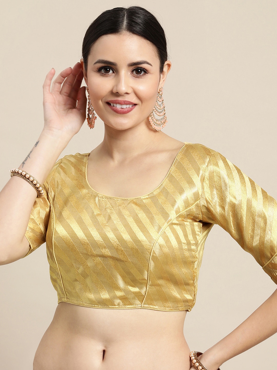 

Satrani Golden Solid Brocade Saree Blouse, Gold