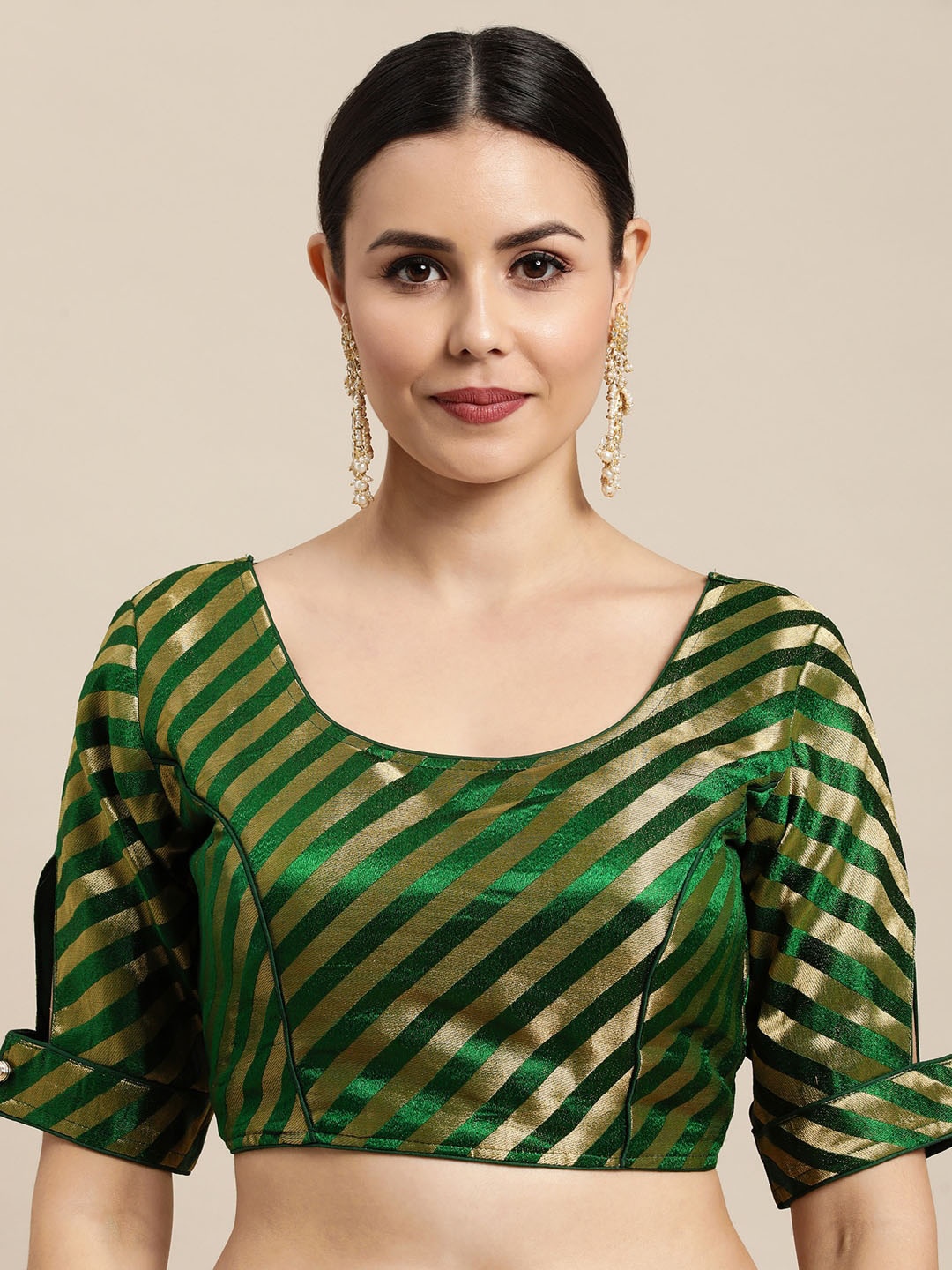 

Satrani Women Green & Gold Coloured Striped Brocade Saree Blouse