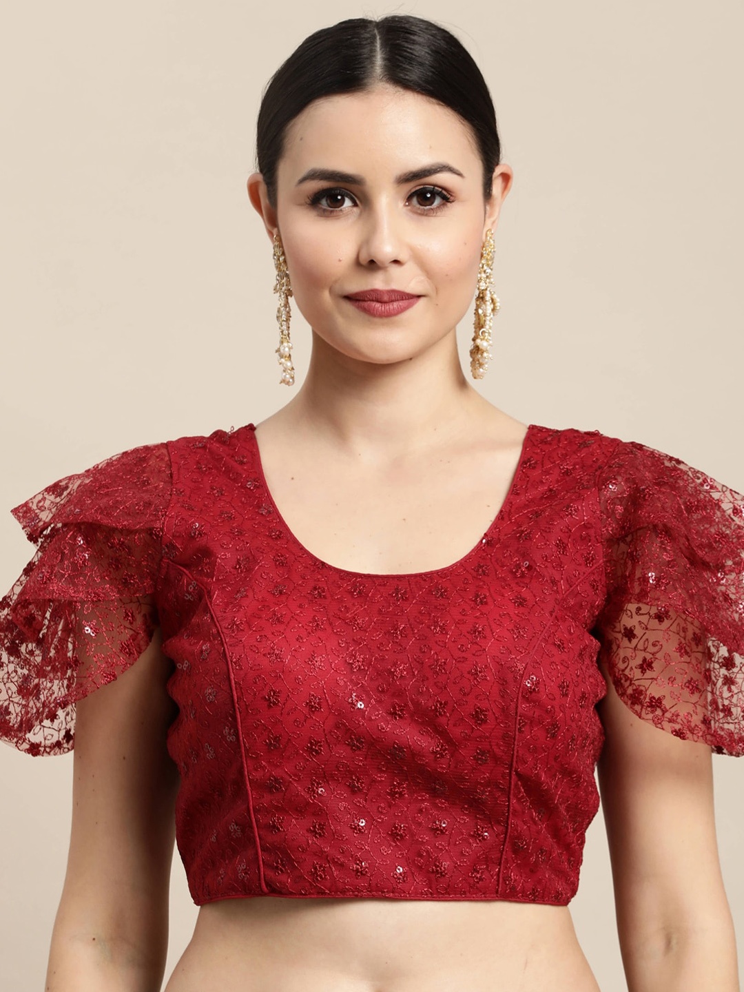 

Satrani Women Maroon Embroidered Sequinned Net Saree Blouse