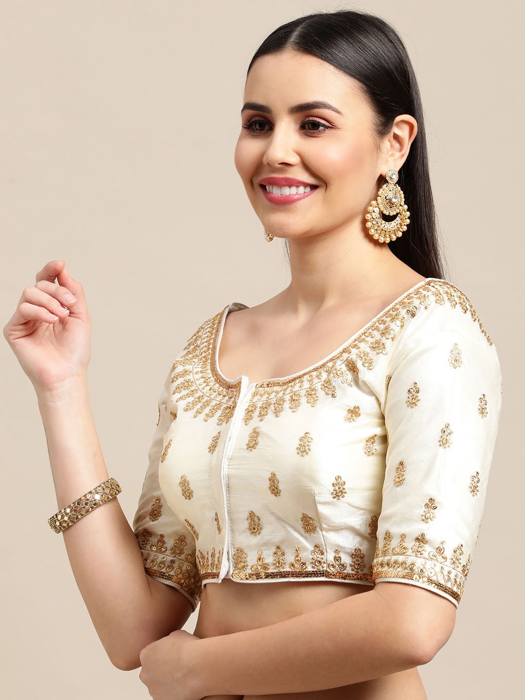 

Satrani Cream-Coloured Embroidered Silk Saree Blouse