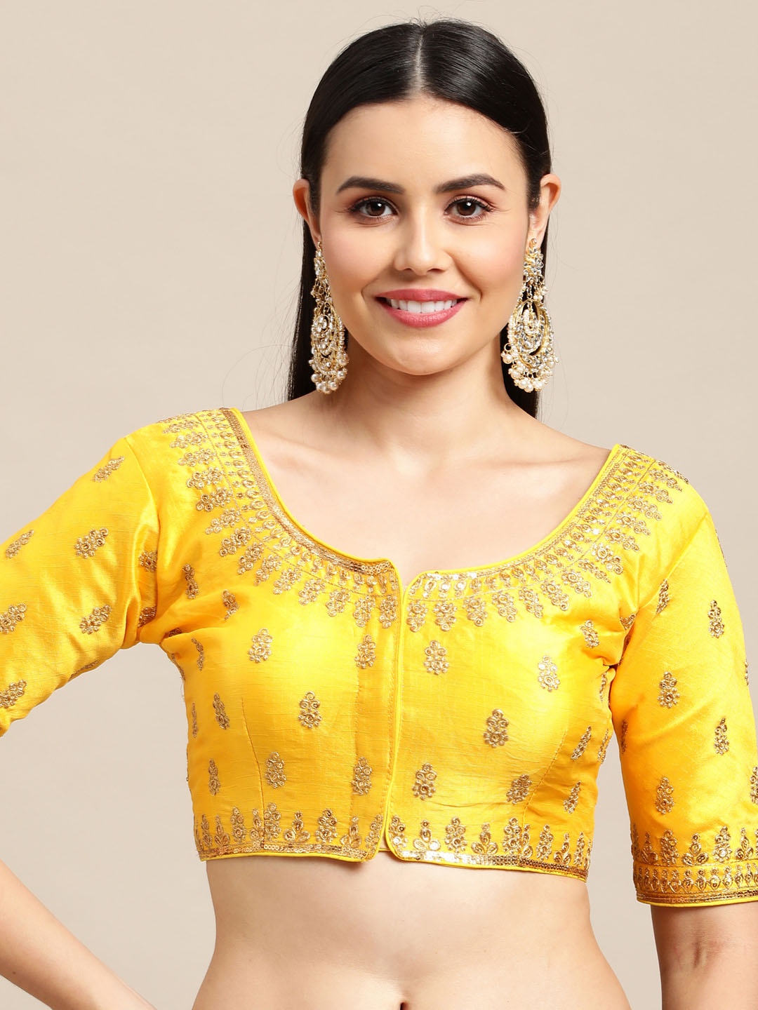 

Satrani Women Yellow Embroidered Silk Saree Blouse