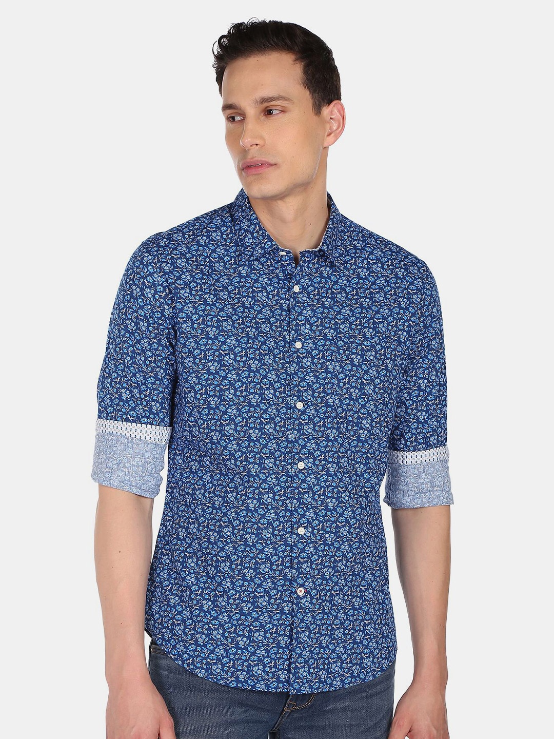 

AD By Arvind Men Blue Slim Fit Printed Pure Cotton Casual Shirt