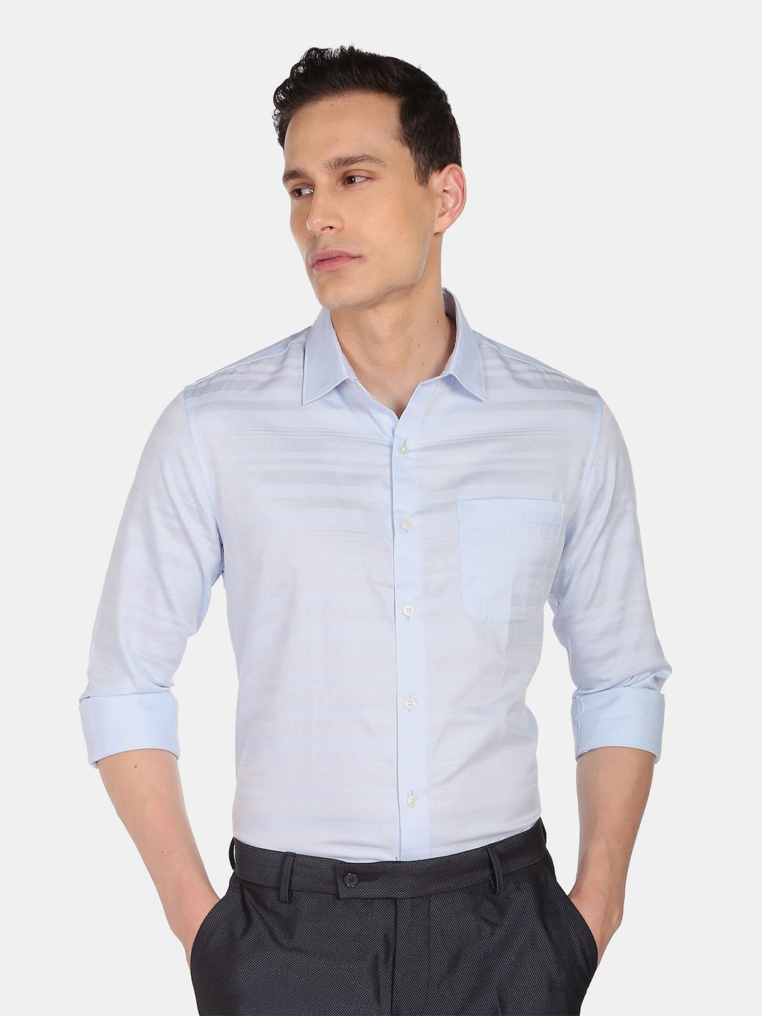 

AD By Arvind Men Blue Self Designed Horizontal Stripes Formal Shirt
