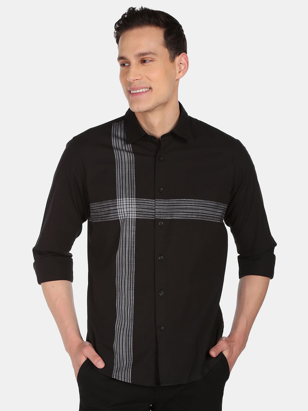 

AD By Arvind Men Black Slim Fit Striped Pure Cotton Casual Shirt