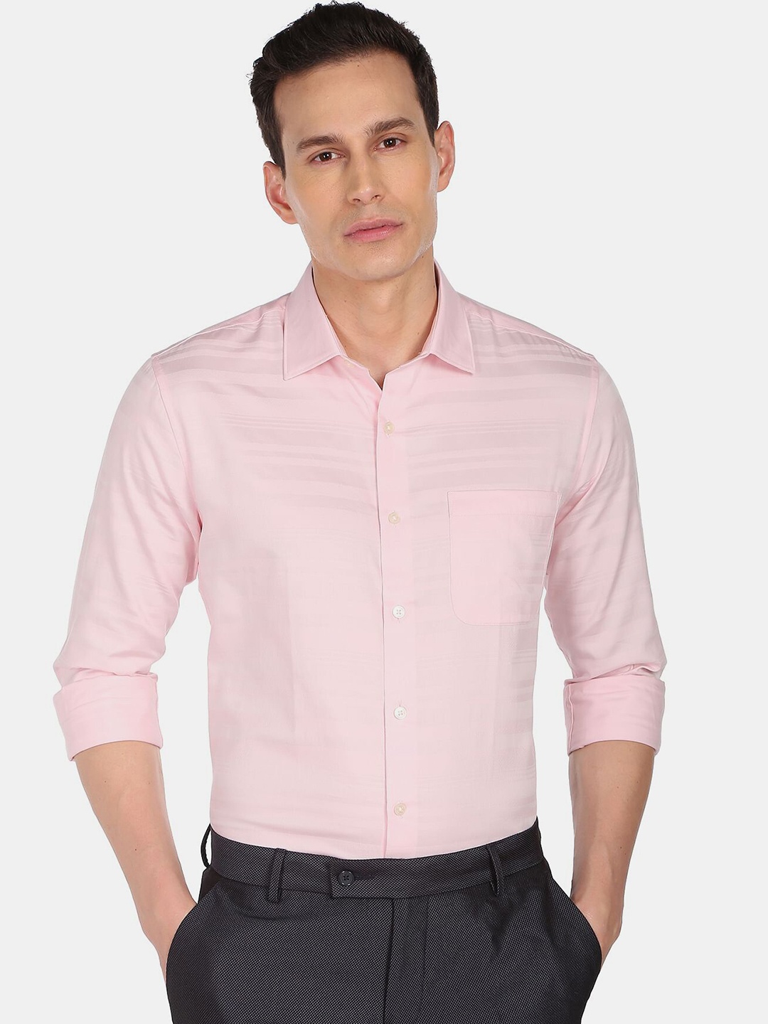 

AD By Arvind Men Pink Horizontal Striped Pure Cotton Formal Shirt