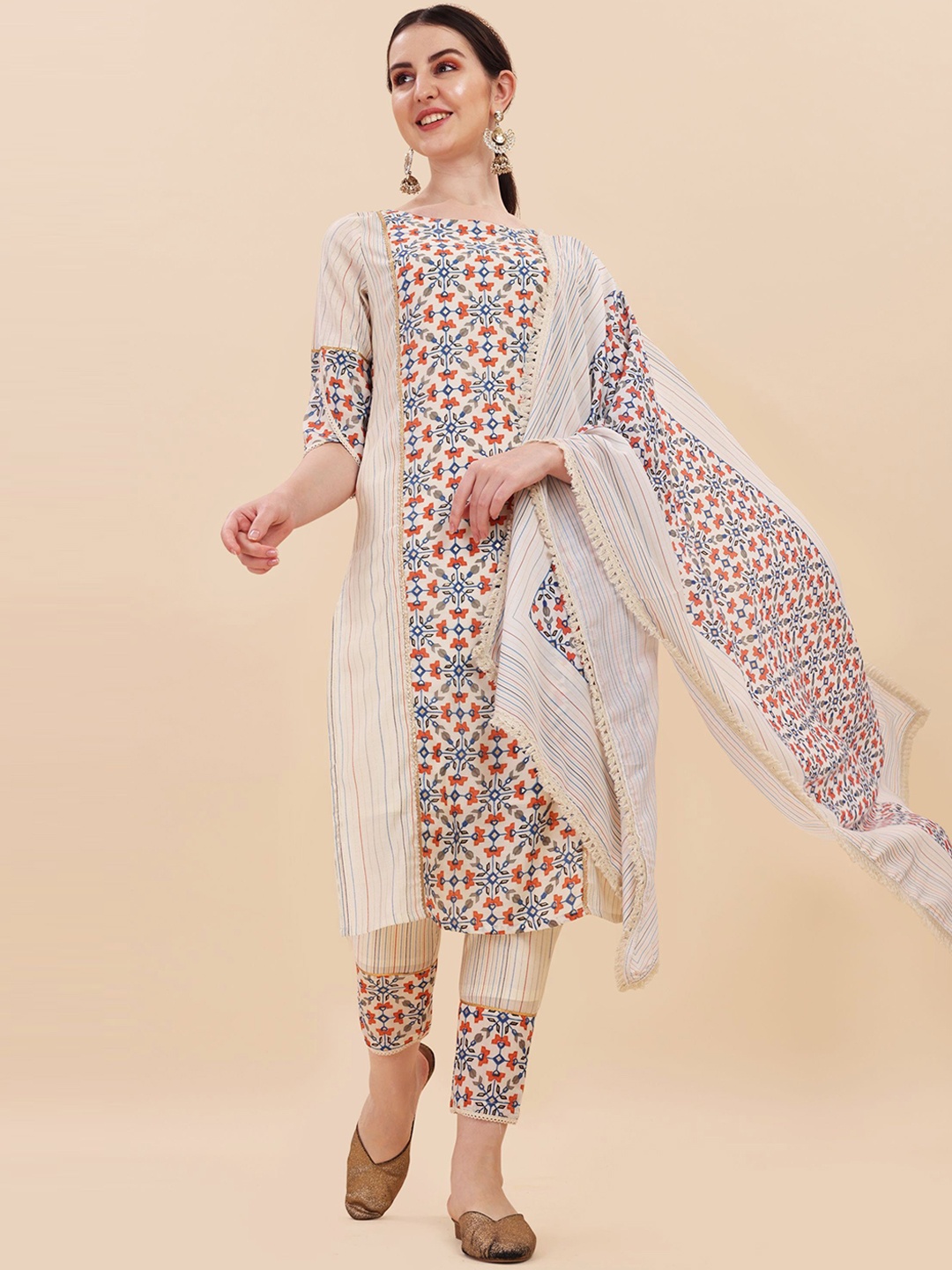 

Shopping Queen Women Printed Gotta Patti Kurta with Trousers & With Dupatta, Cream