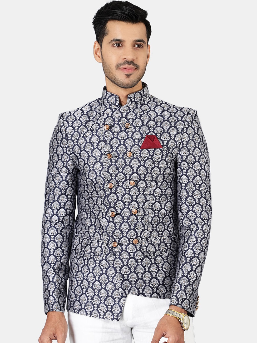 

Wintage Men Blue Printed Bandhgala Blazers