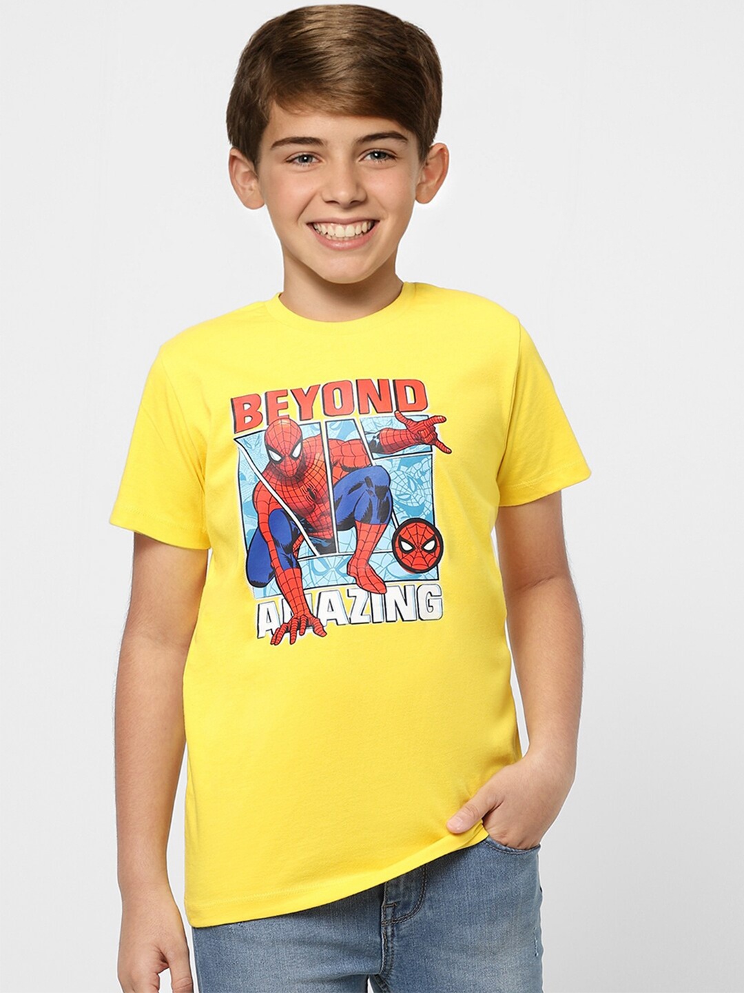 

Jack & Jones Junior Boys Yellow & Red Spider-Man Printed T-shirt