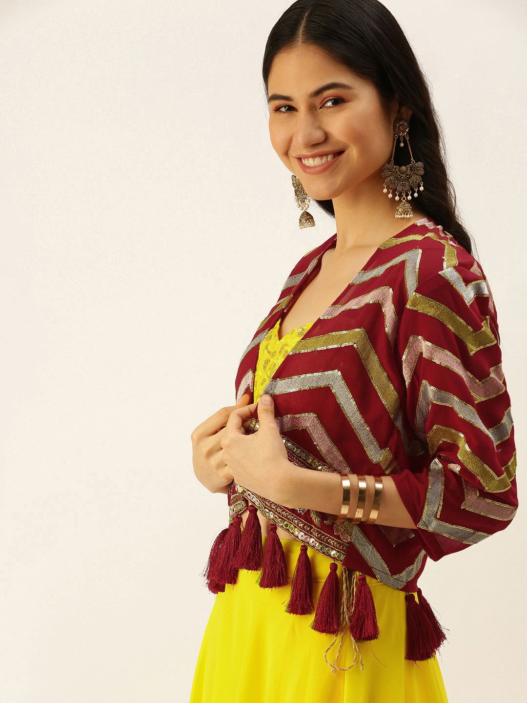 

LOOKNBOOK ART Women Yellow Sequined Lehenga Choli with Koti