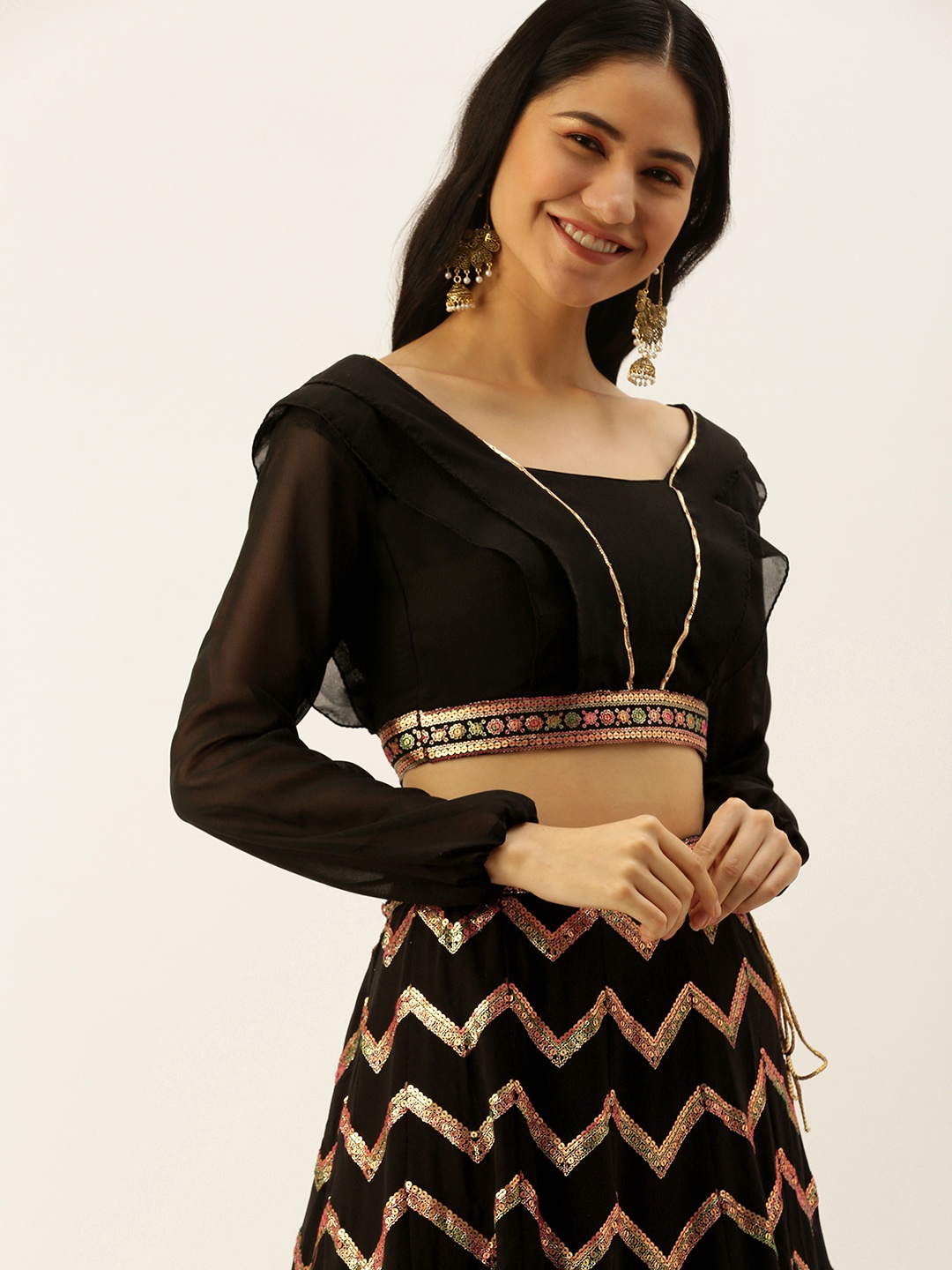 

LOOKNBOOK ART Black Georgette Sequins and Thread Embroidery Work Lehenga Choli