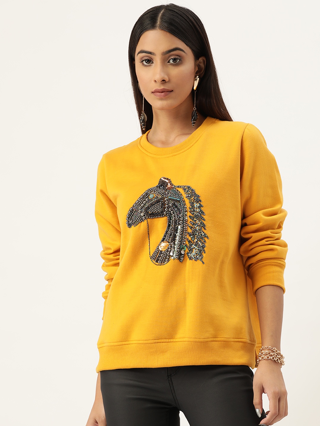 

Antheaa Women Embellished Cotton Sweatshirt, Mustard