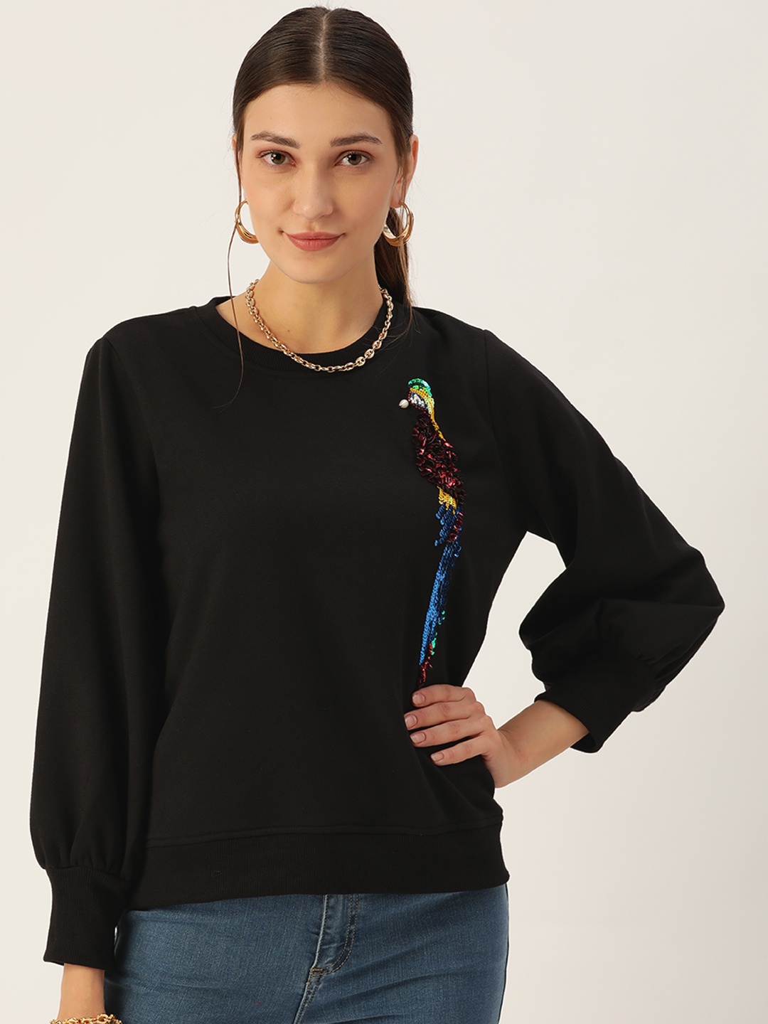 

Antheaa Women Black Embellished Sweatshirt