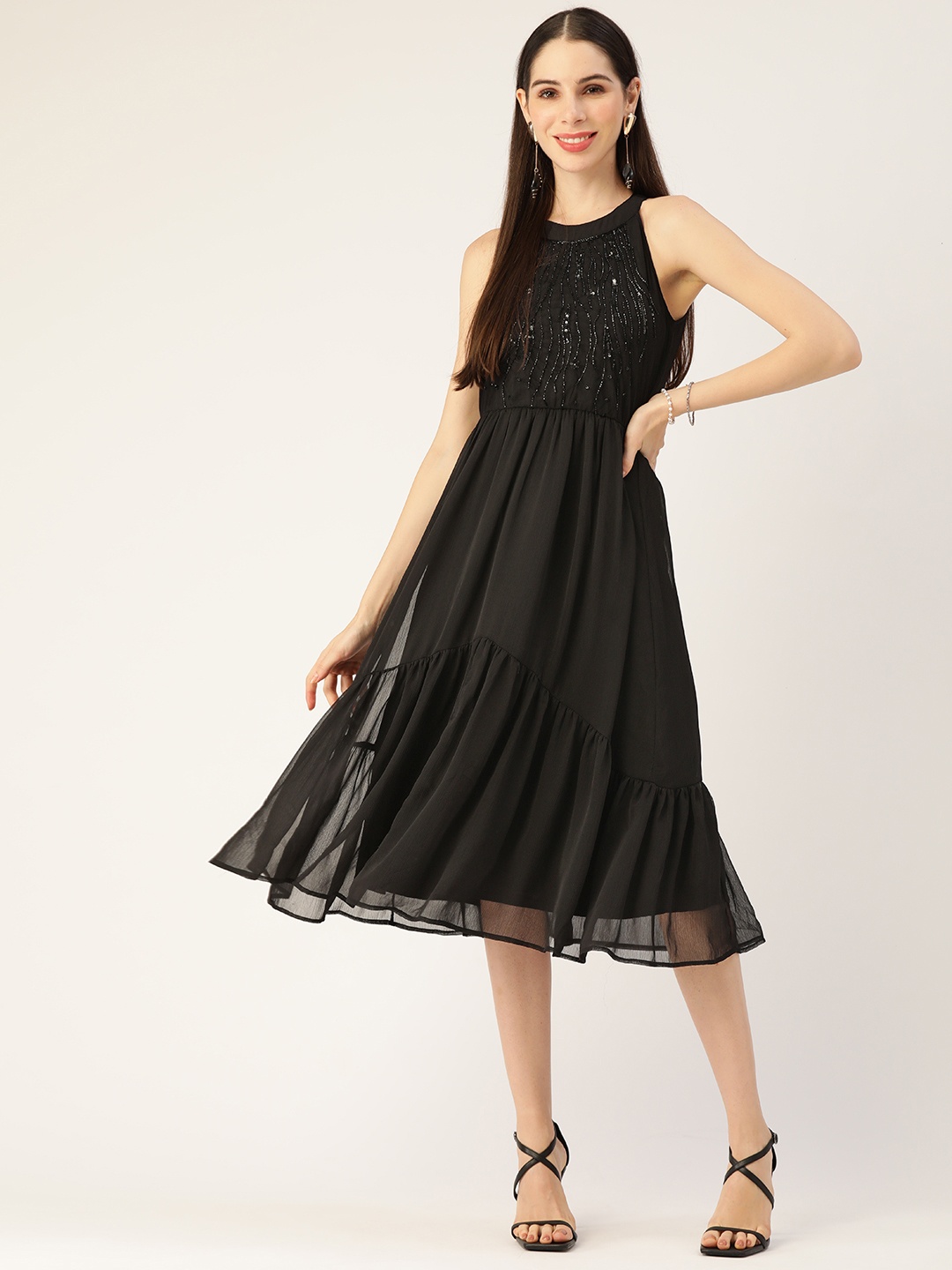 

Antheaa Black Chiffon A-Line Midi Dress