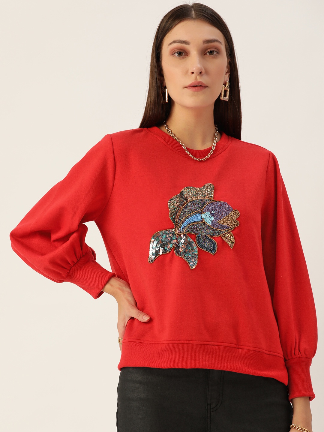 

Antheaa Women Red Embellished Sweatshirt