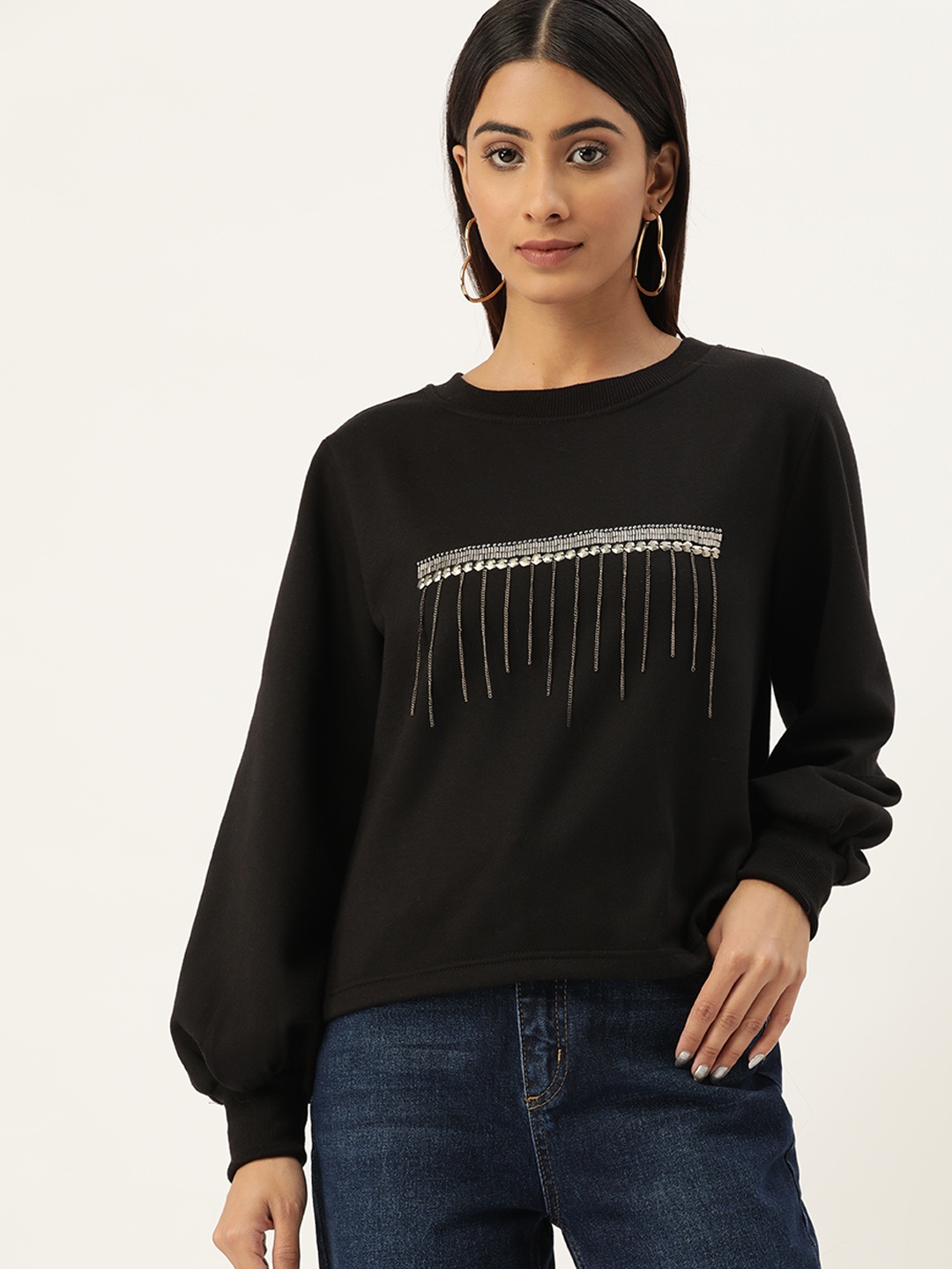

Antheaa Women Black & Silver Striped Embellished Sweatshirt