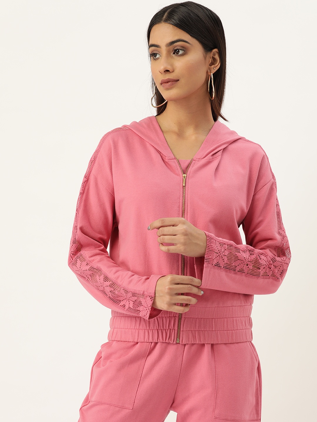 

Antheaa Women Pink Solid Hooded Cotton Sweatshirt with Floral Lace Inserts