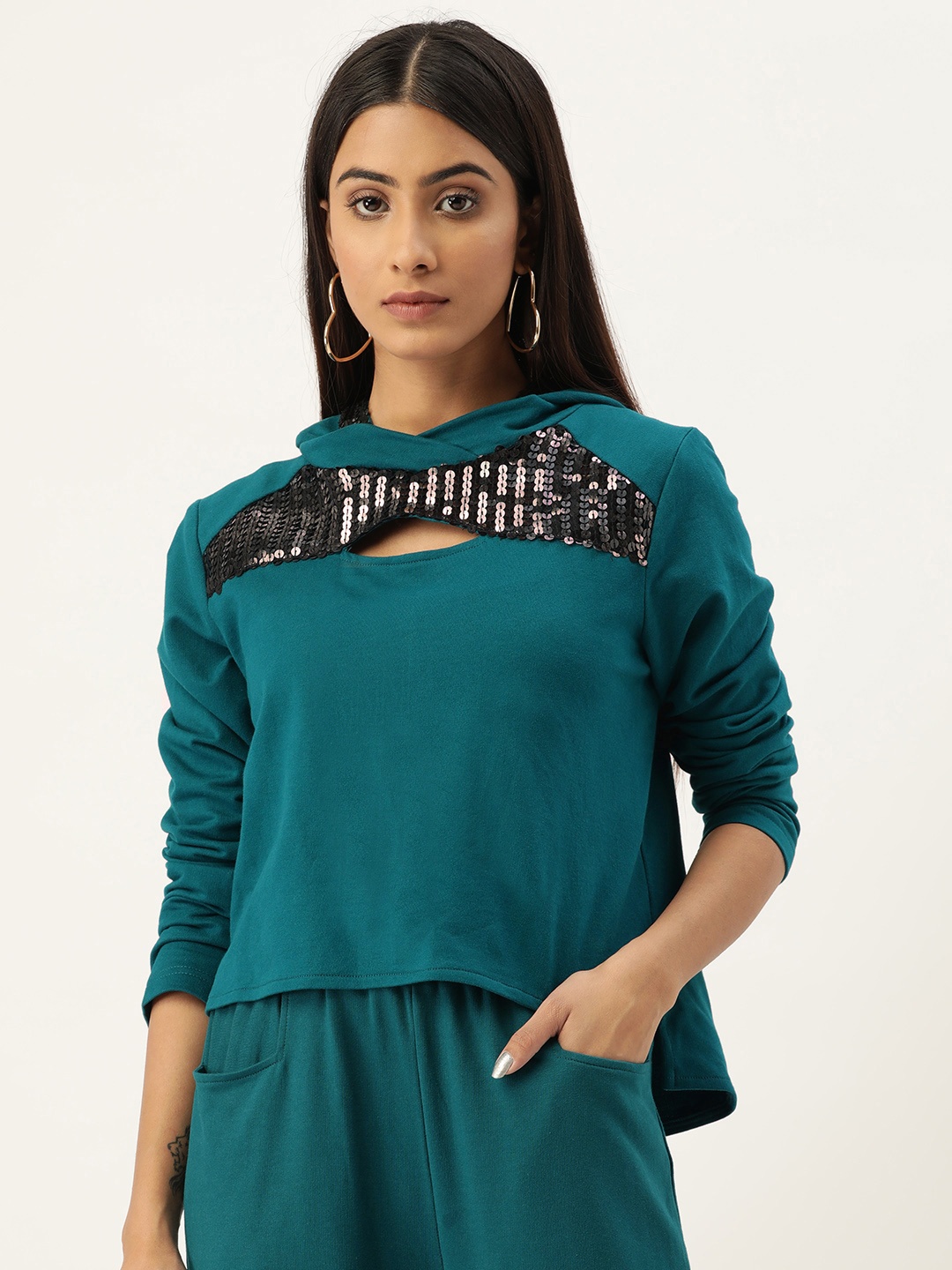 

Antheaa Women Teal Hooded Sweatshirt