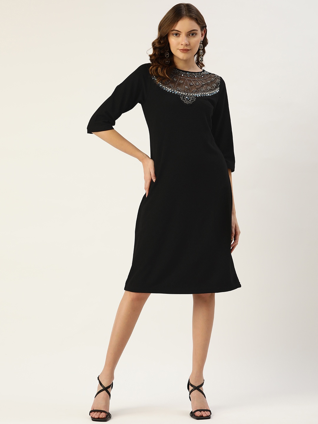 

Antheaa Black Embellished Crepe Sheath Dress