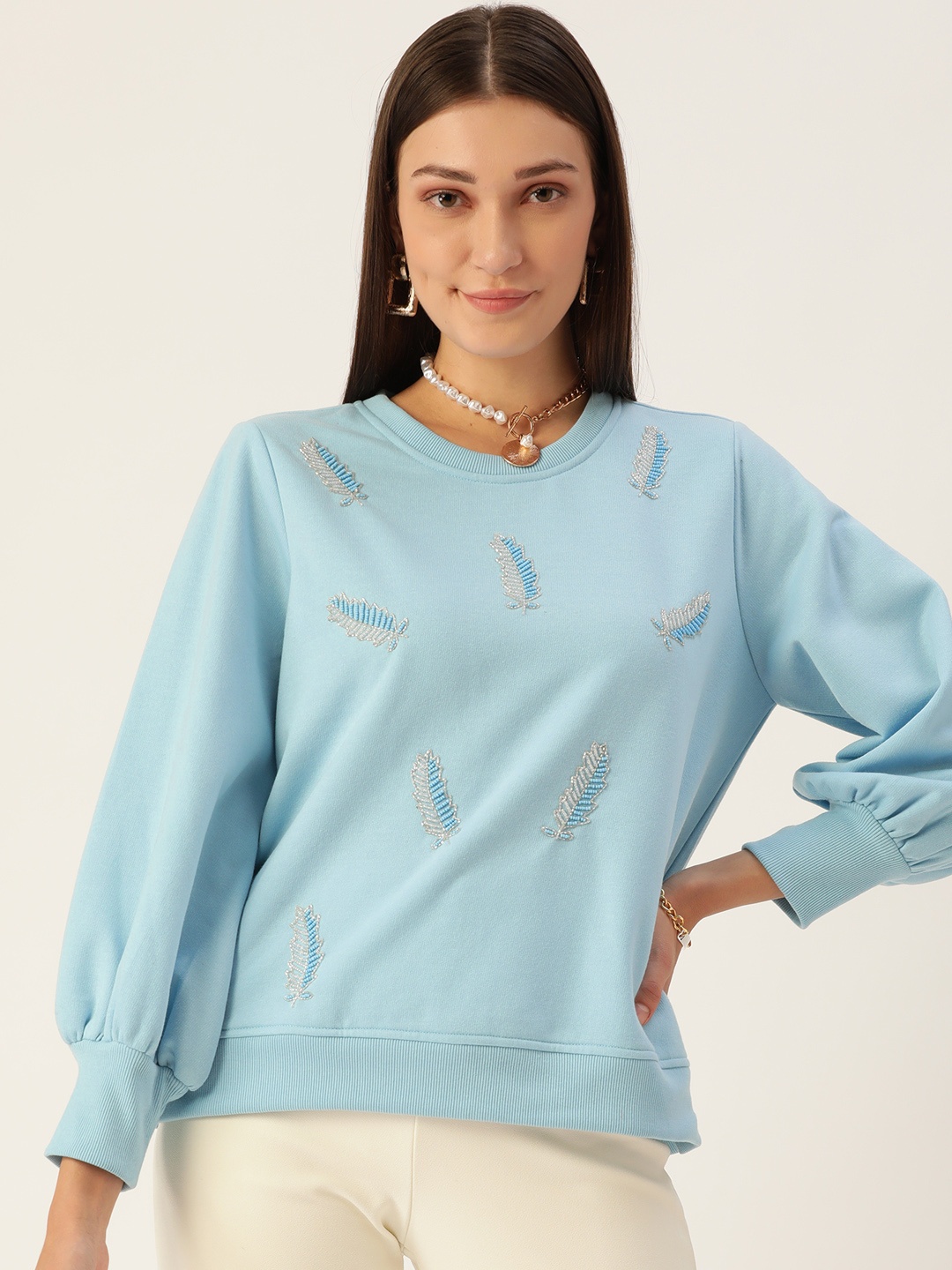 

Antheaa Women Turquoise Blue Embellished Sweatshirt