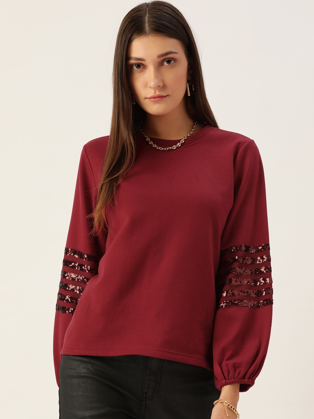 

Antheaa Women Maroon Embellished Sweatshirt