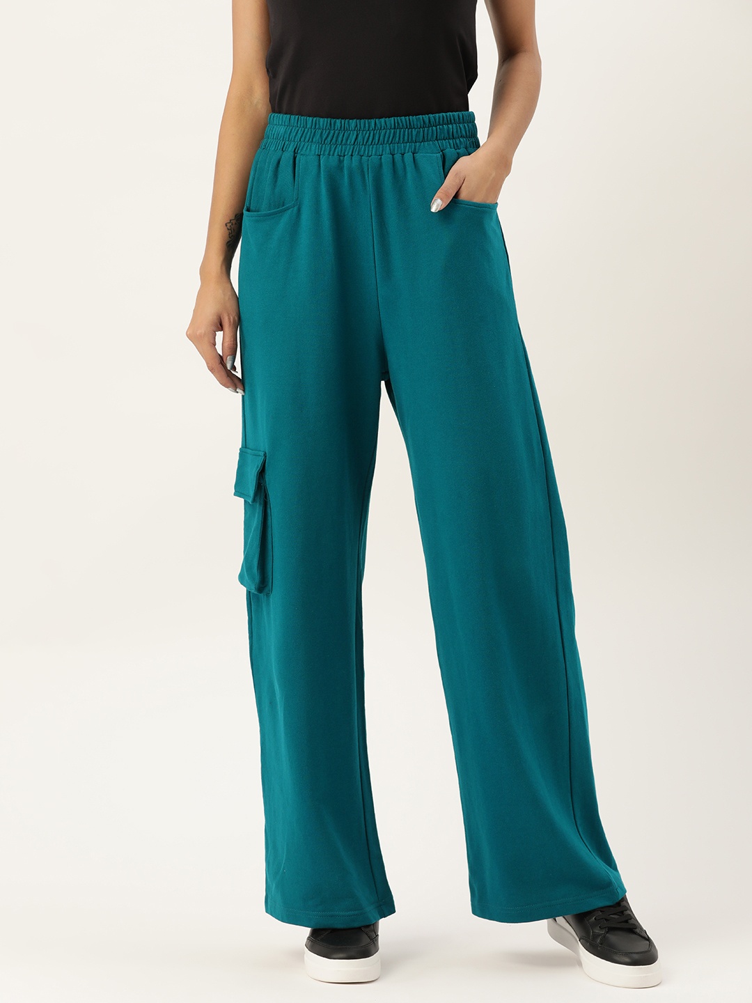 

Antheaa Women Teal Comfort Straight Fit High-Rise Pleated Trousers