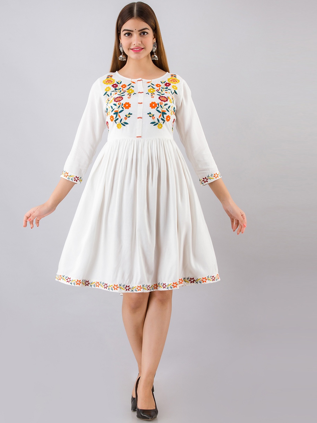 

HERE&NOW Women White Embroidered Knee Length Ethnic Dresses