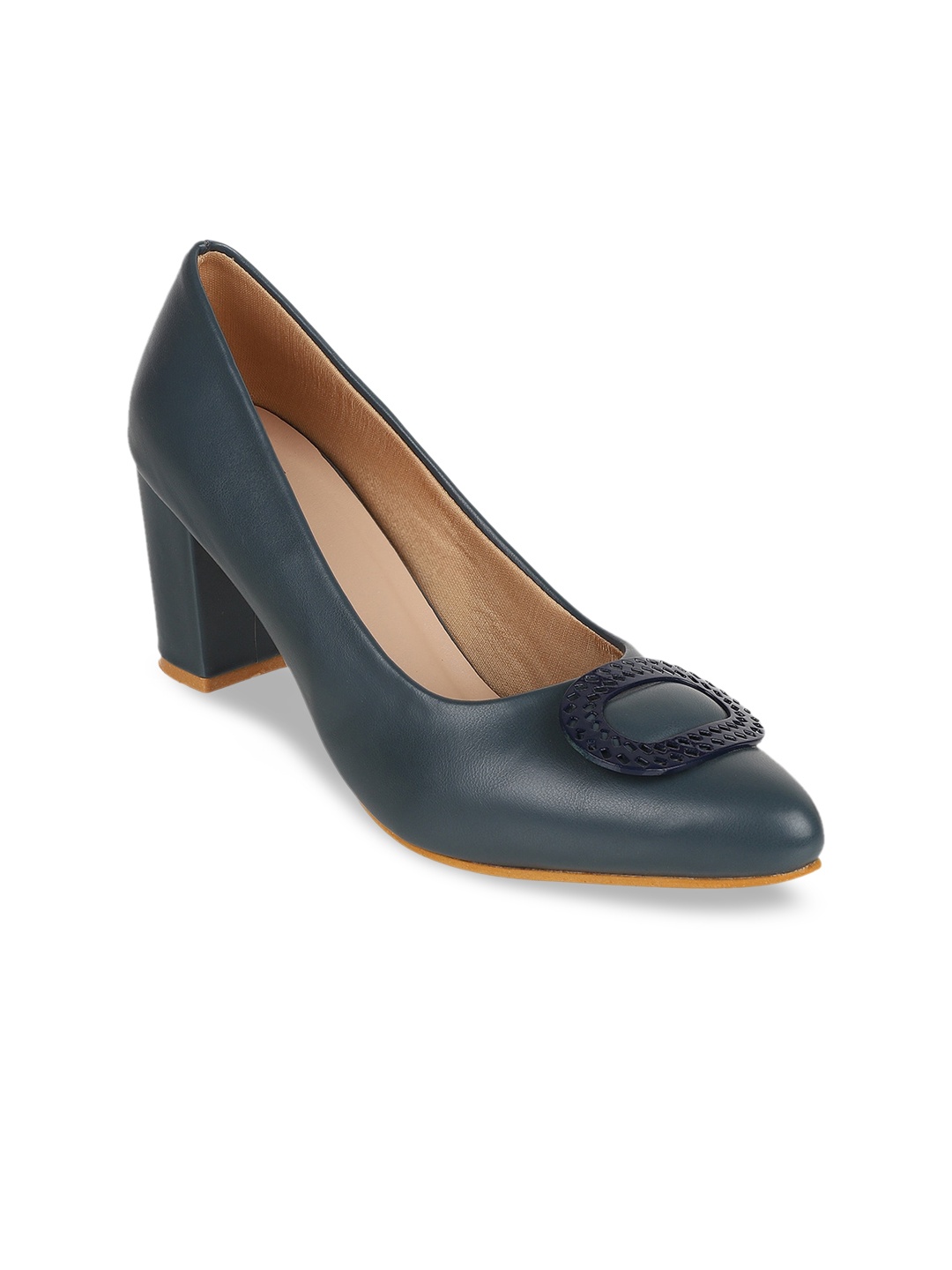 

SHUZ TOUCH Blue Solid Block Heeled Pumps