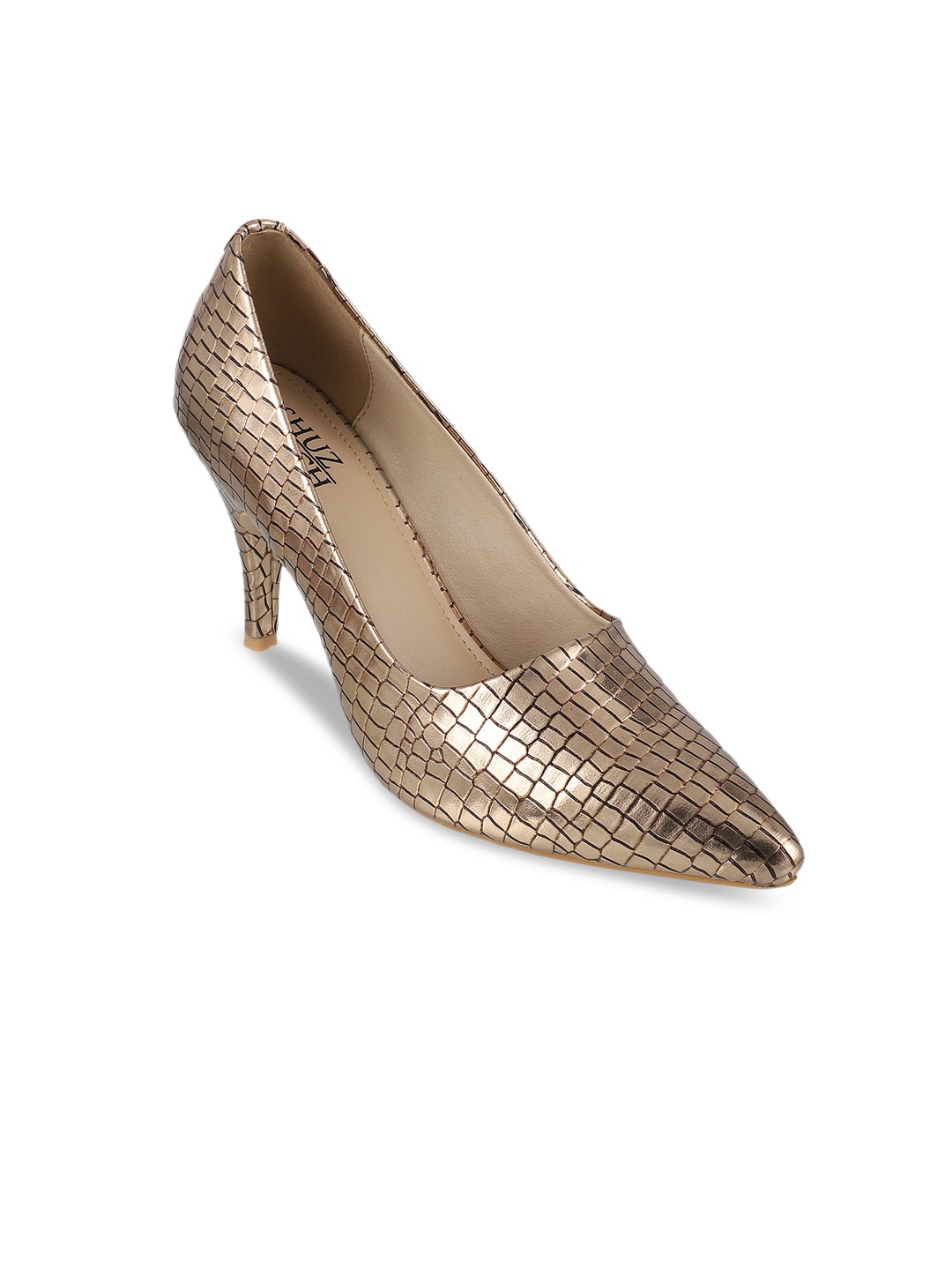 

SHUZ TOUCH Gold-Coloured Textured Party Embellished Kitten Pumps