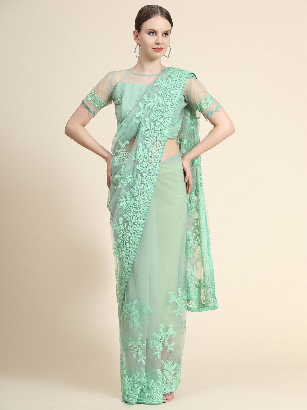 

ORUS Fluorescent Green Floral Embroidered Net Heavy Work Saree