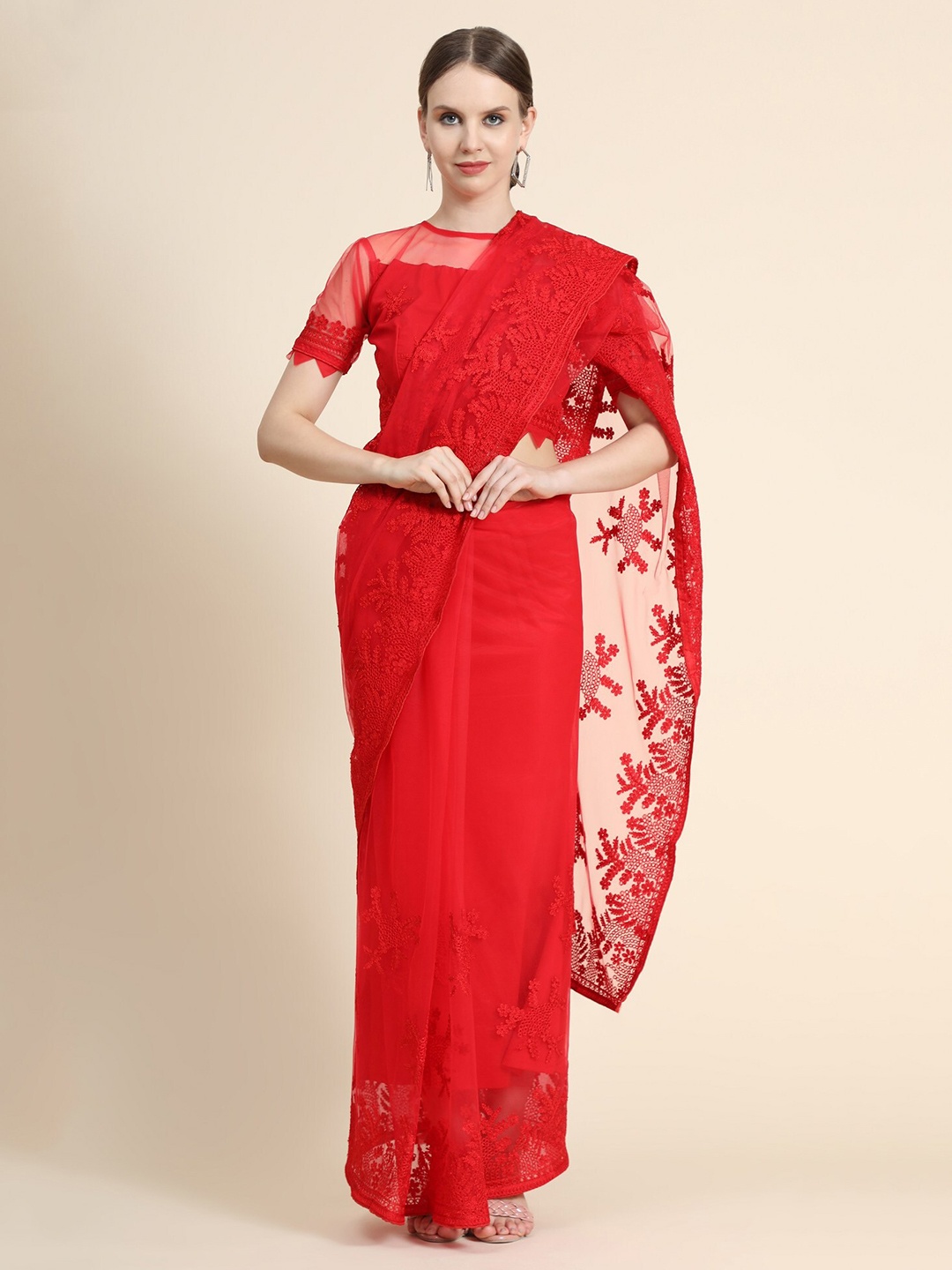 

ORUS Red Floral Embroidered Net Heavy Work Saree