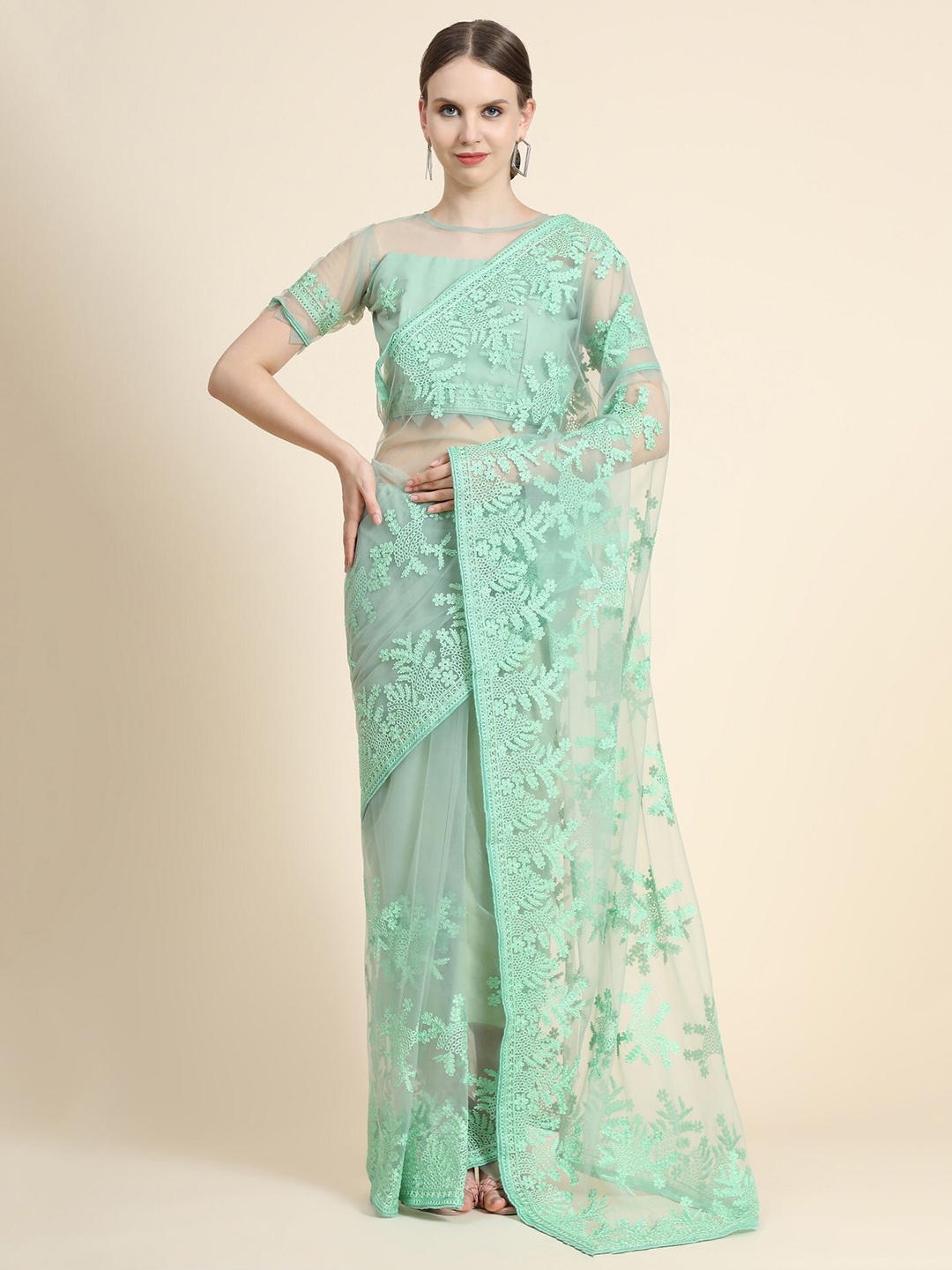 

ORUS Sea Green Floral Embroidered Net Heavy Work Saree