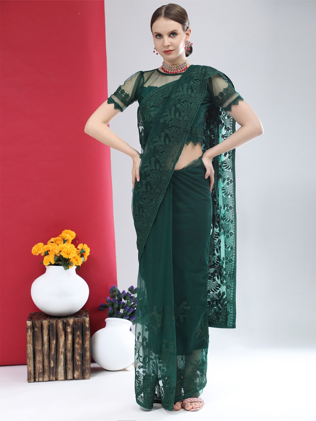 

ORUS Green Floral Embroidered Net Heavy Work Saree