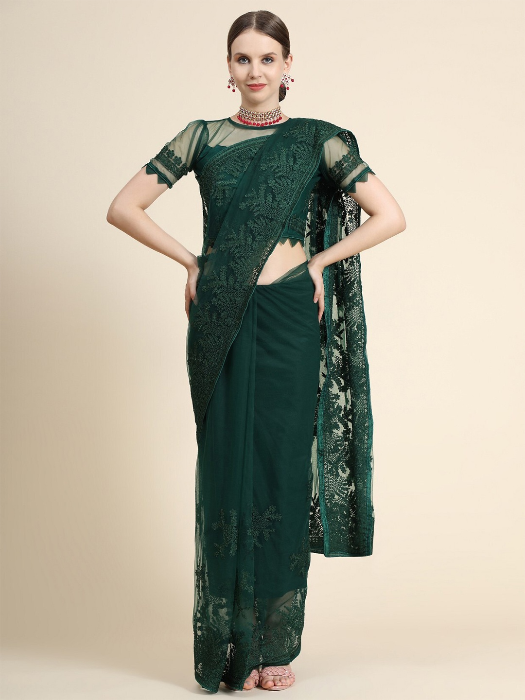 

ORUS Green Floral Embroidered Net Heavy Work Saree With Blouse Piece
