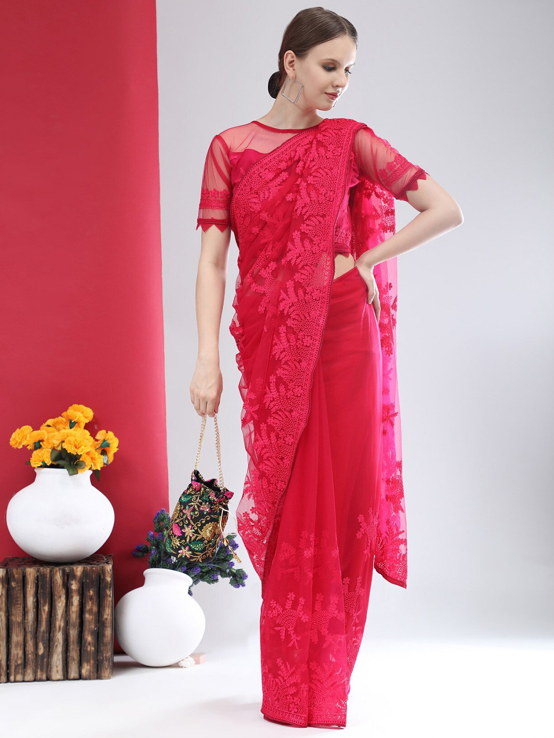 

ORUS Pink Floral Embroidered Net Heavy Work Saree With Blouse Piece