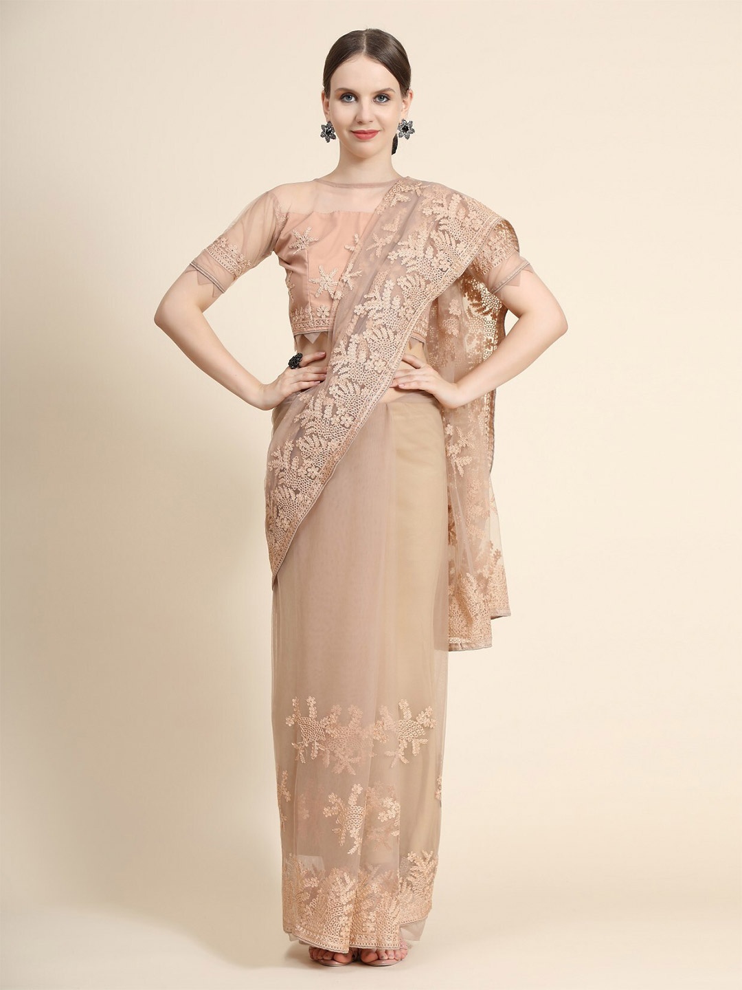 

ORUS Beige Floral Embroidered Net Heavy Work Saree With Blouse Piece