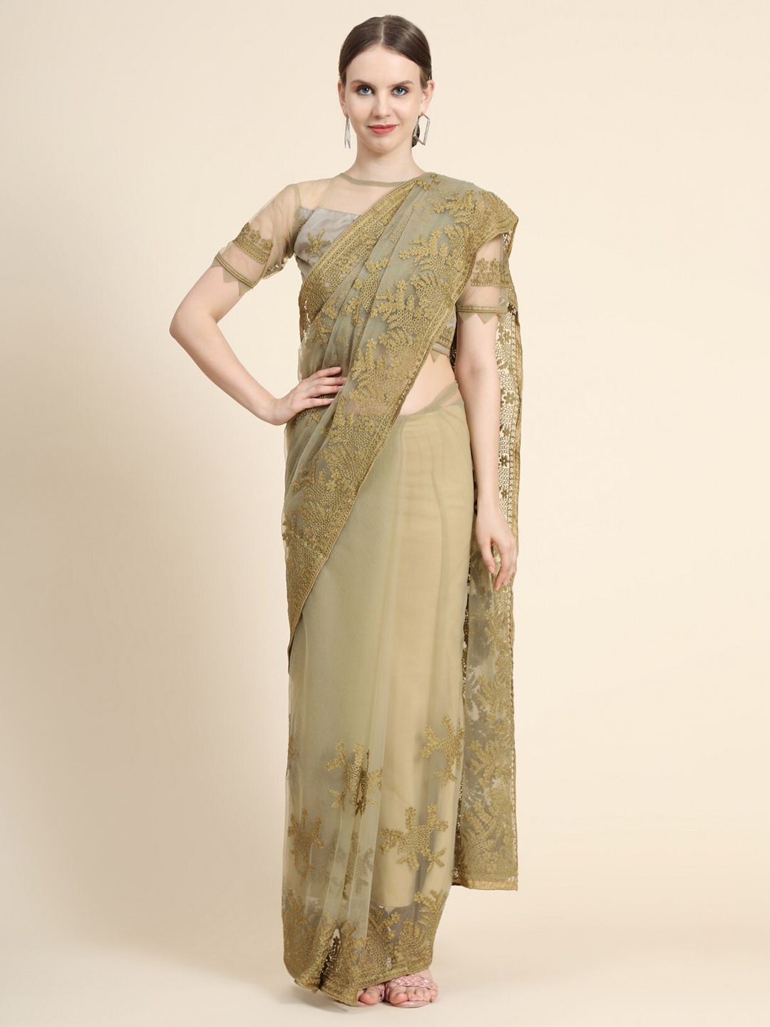 

ORUS Olive Green Floral Embroidered Net Heavy Work Saree With Blouse Piece