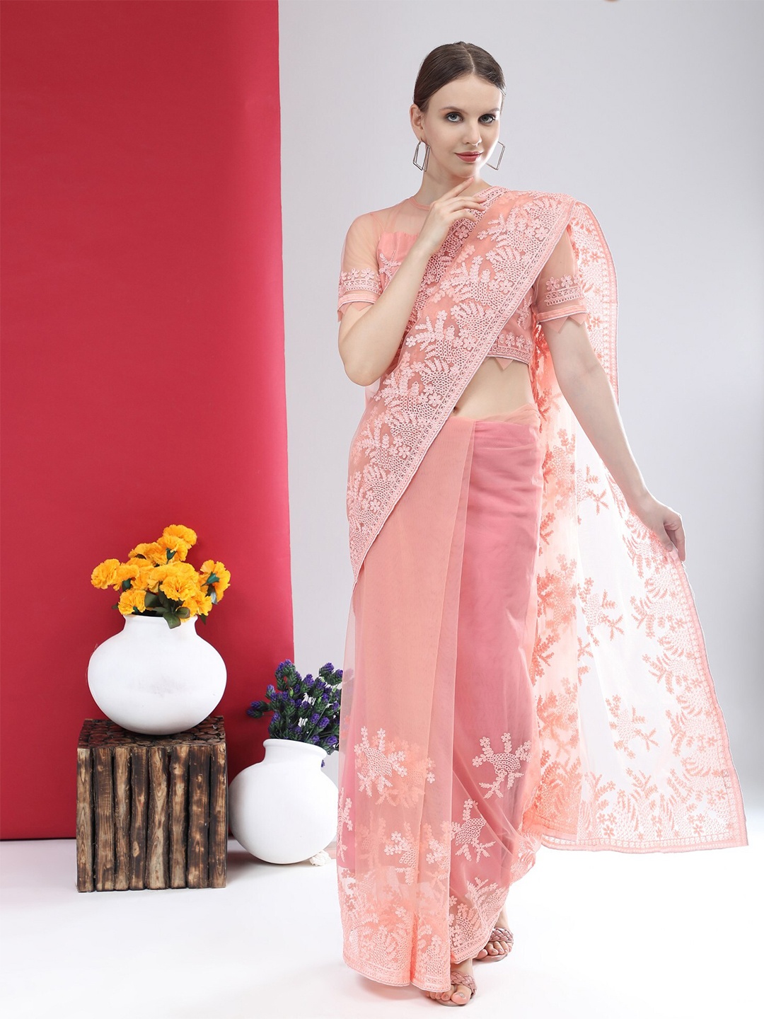 

ORUS Pink Floral Embroidered Net Heavy Work Saree With Blouse Piece