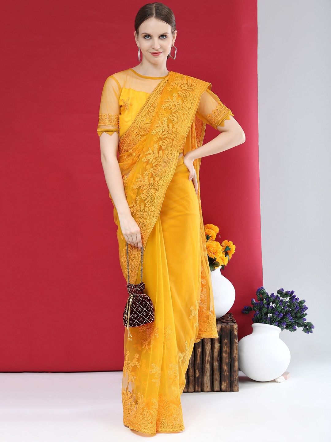 

ORUS Mustard Floral Embroidered Net Heavy Work Saree With Blouse Piece