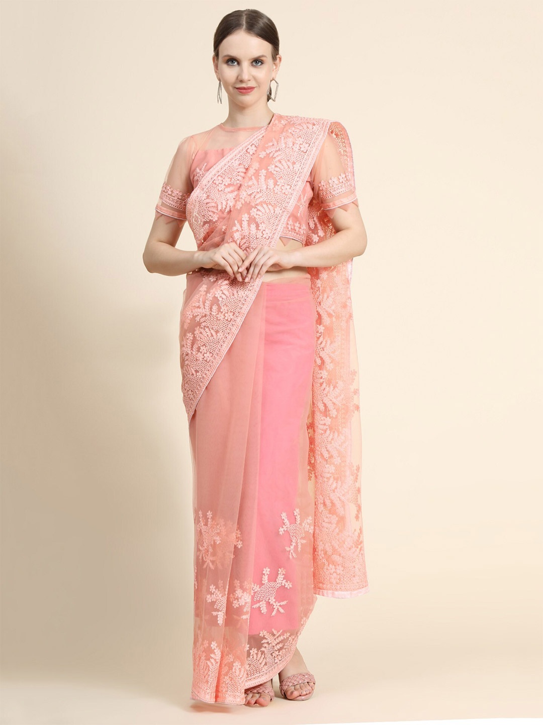 

ORUS Peach-Coloured Floral Embroidered Net Heavy Work Saree With Blouse Piece
