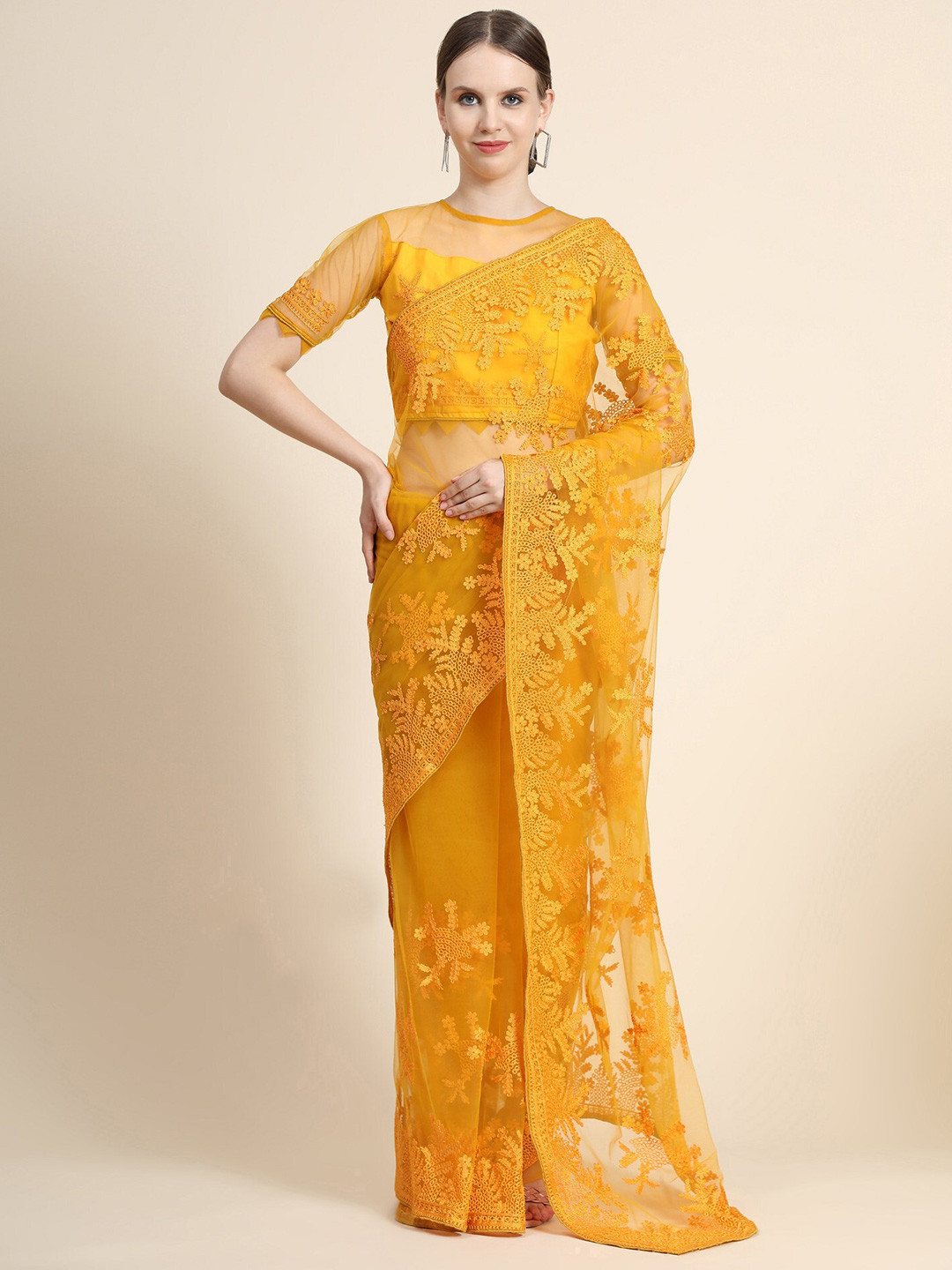 

ORUS Mustard Floral Embroidered Net Heavy Work Saree With Blouse Piece