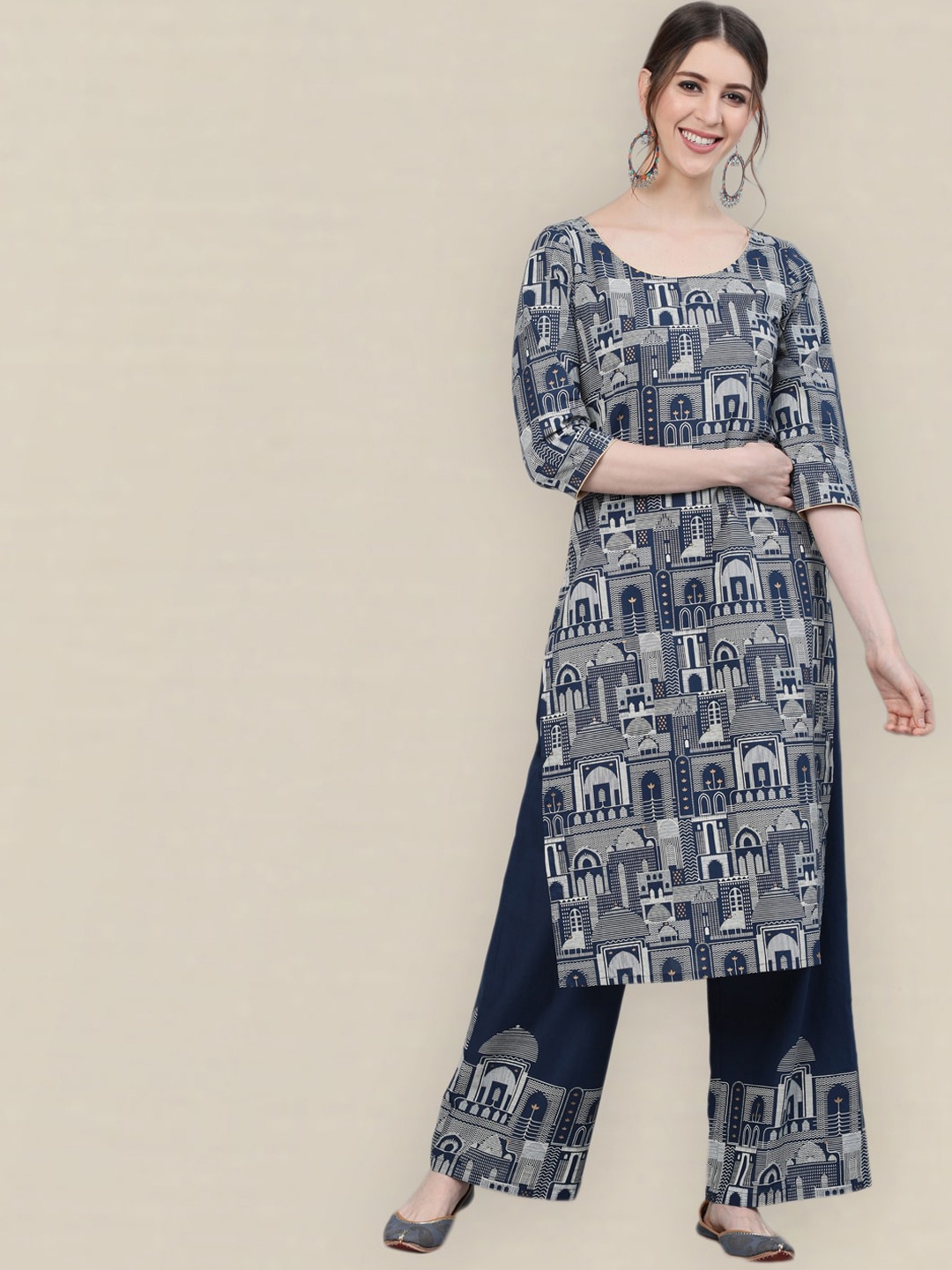 

Sangria Women Ethnic Motifs Printed Pure Cotton Kurti with Palazzos, Blue