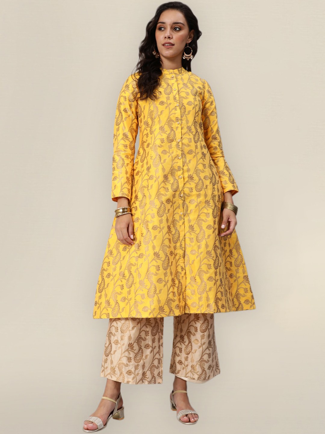 

Sangria Women Yellow And Gold Toned Woven Design Button Down A-Line Silk Kurta