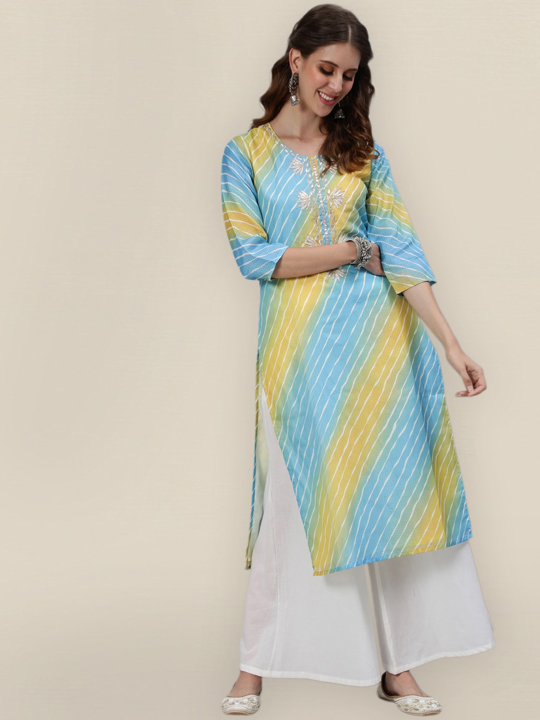 

Sangria Women Blue & Yellow Striped Thread Work Kurta