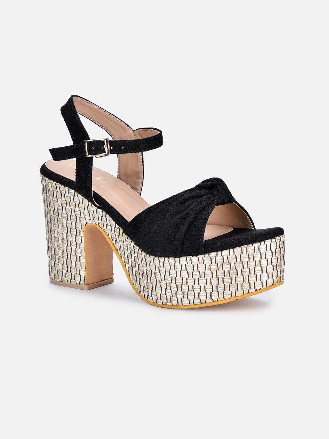 

VALIOSAA Women Black Embellished Suede Platform Heels