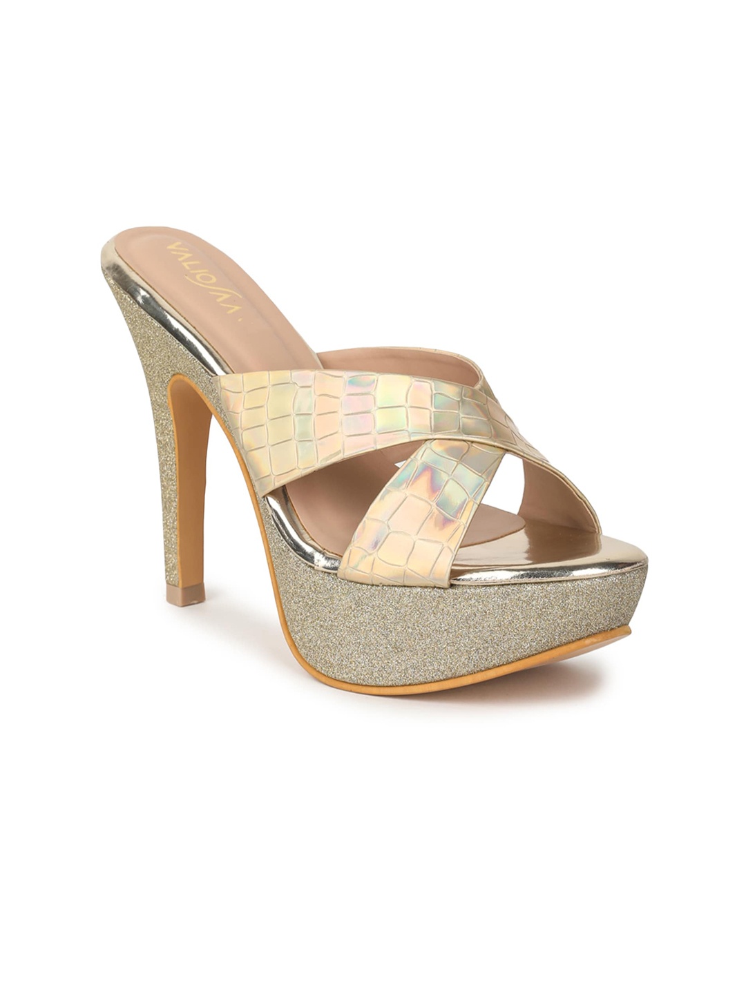

VALIOSAA Women Gold-Toned Textured & Embellished Stilettos
