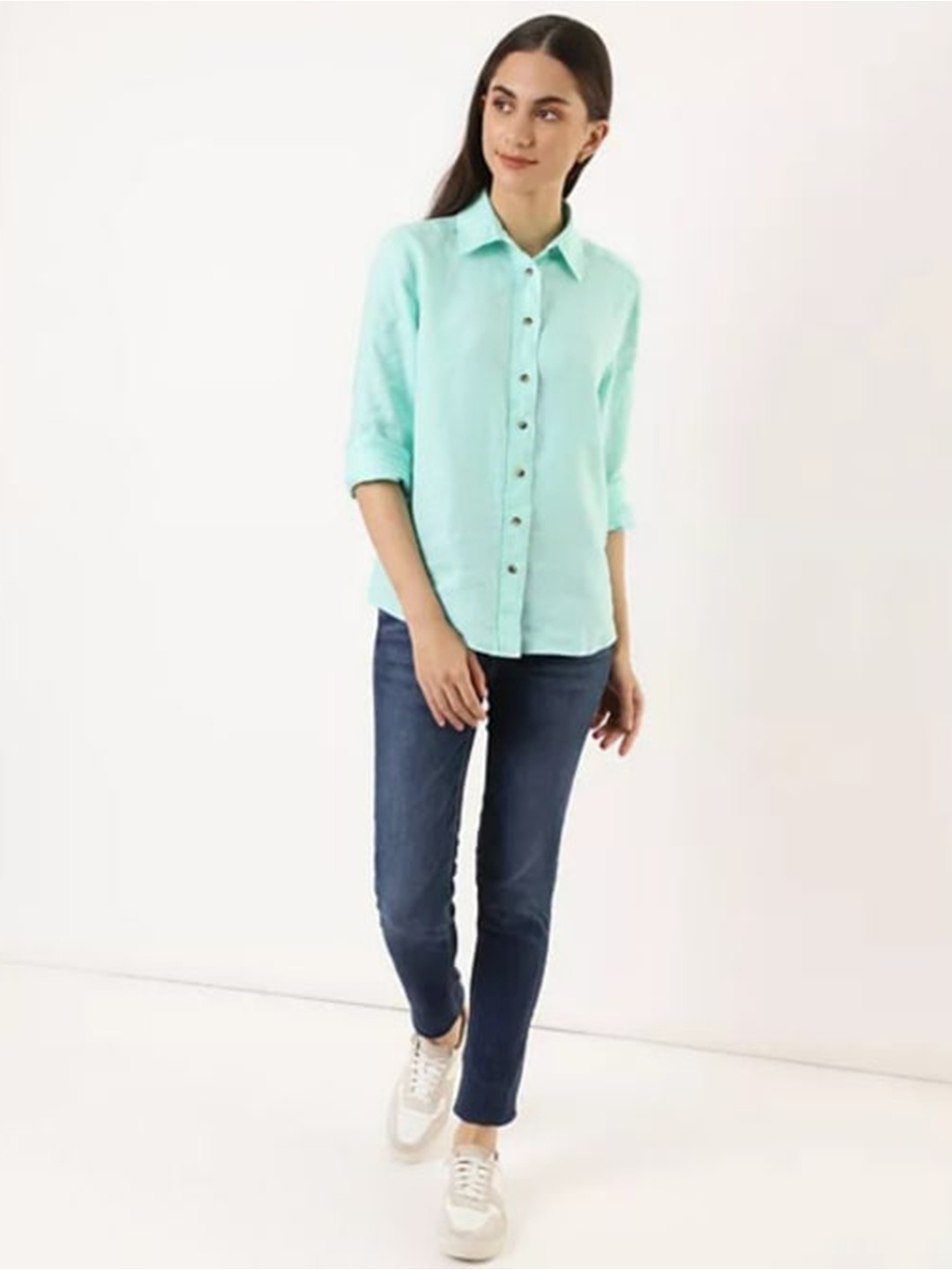 

Marks & Spencer Women Light Green Solid Regular Fit Linen Casual Shirt