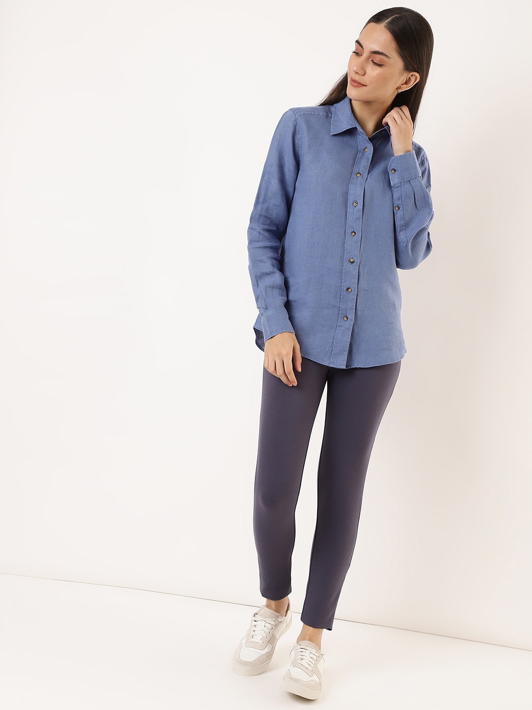 

Marks & Spencer Women Blue Solid Regular Fit Linen Casual Shirt
